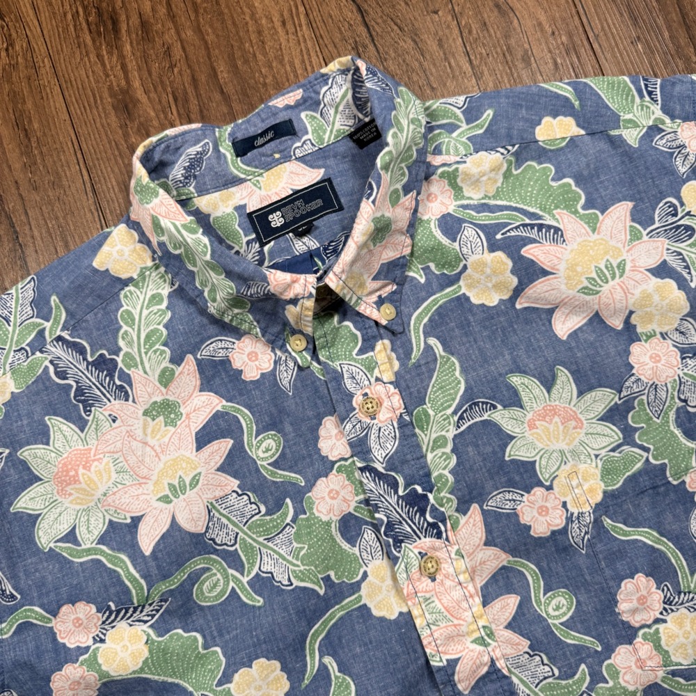 Reyn Spooner Hawaiian Shirt Mens XL Blue Classic Fit Reverse Print Floral Aloha